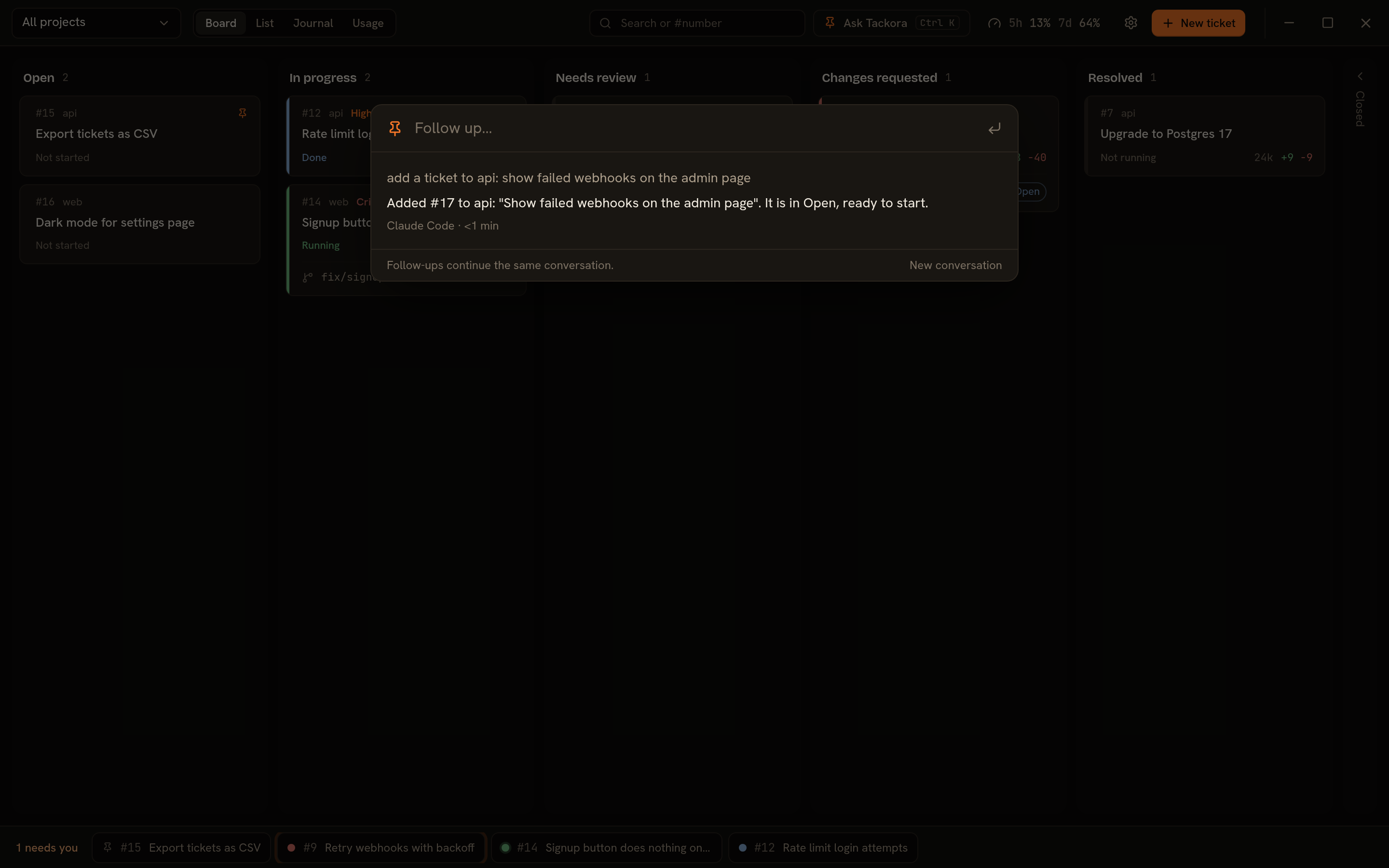 Ask Tackora adding a ticket to the api project